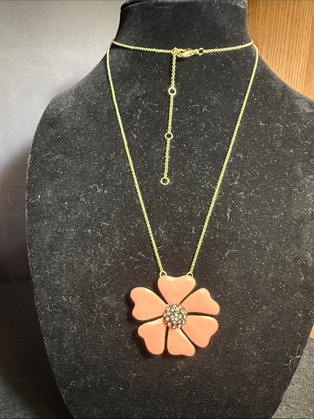 Gold-Tone Necklace with Coral Pink Flower Pendant